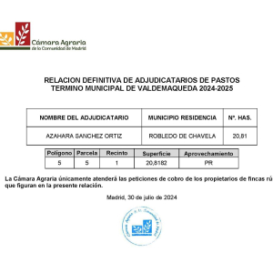 Relación definitiva de adjudicatarios de pastos término municipal de Valdemaqueda 2024-2025